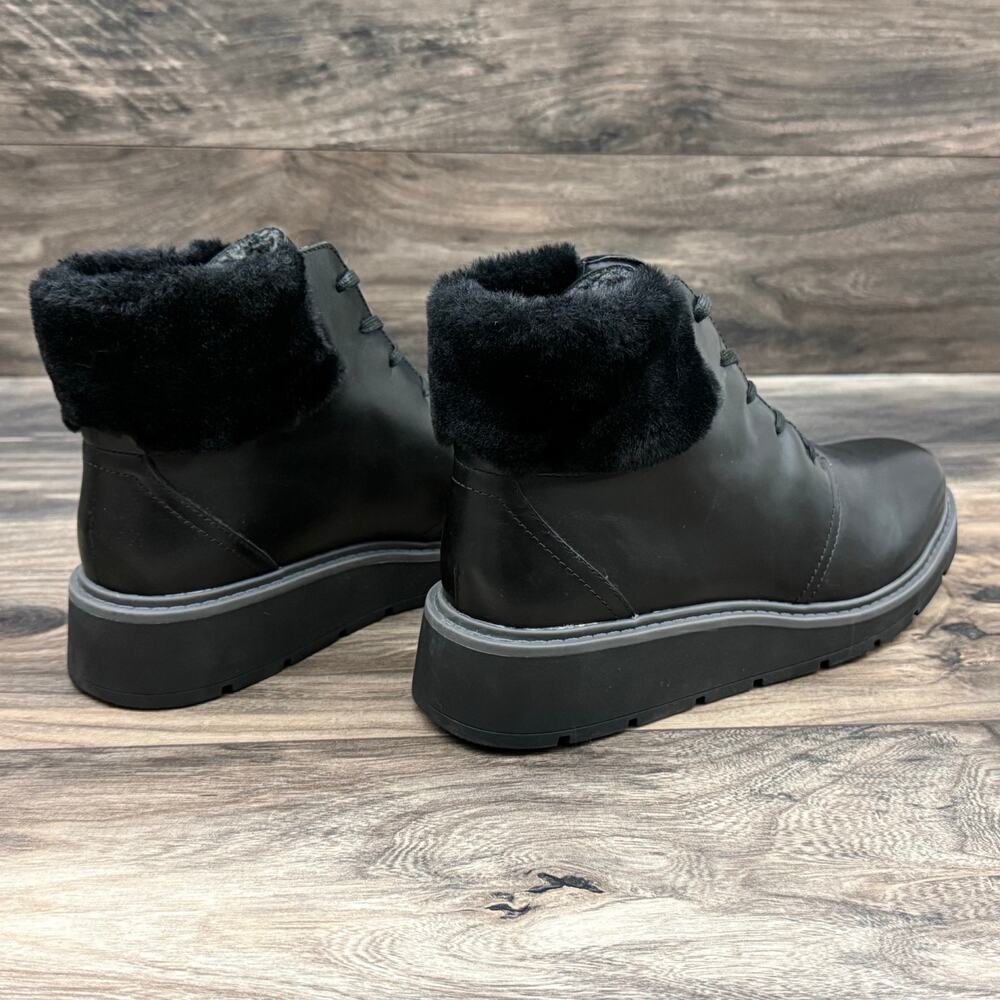 Clarks Leighly Lace 9.5M Black Leather Faux Fur Cuff Comfort Ankle Boots Booties - Picture 7 of 12